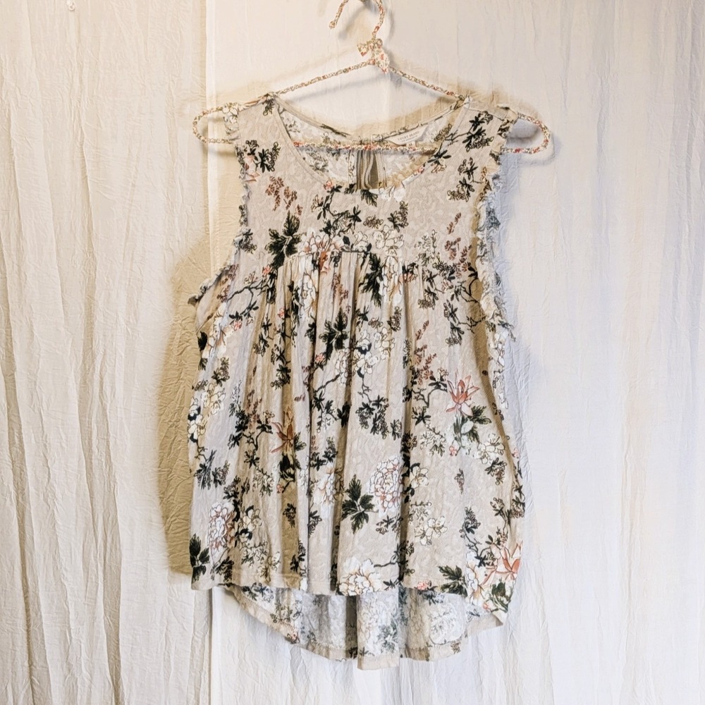 Lucky Brand Floral Ruffle Trim Tank Top Medium Boho Keyhole Tie Closure